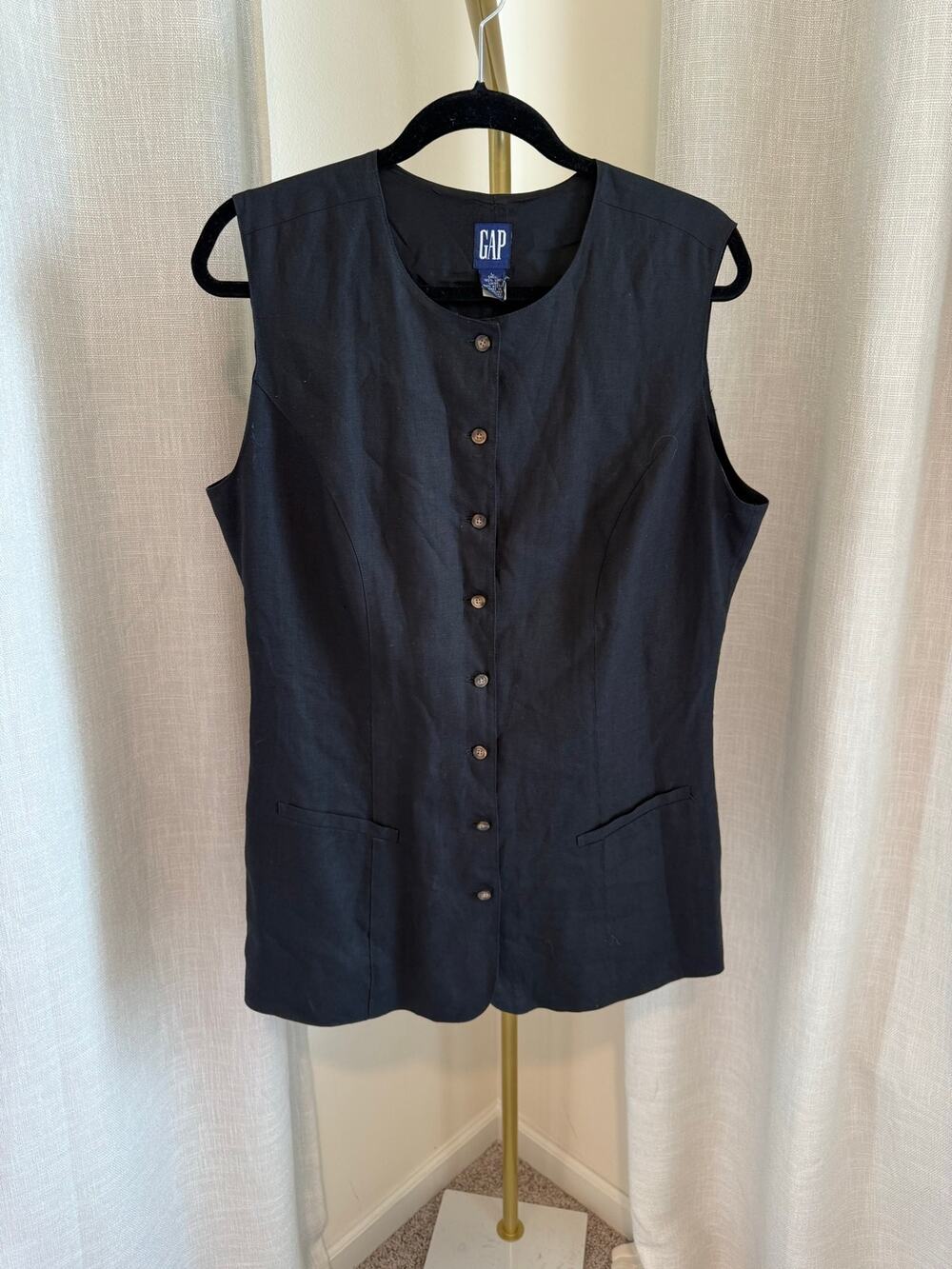 GAP Longline Vest Women's Large Black Vintage Button Front Sleeveless Minimalist